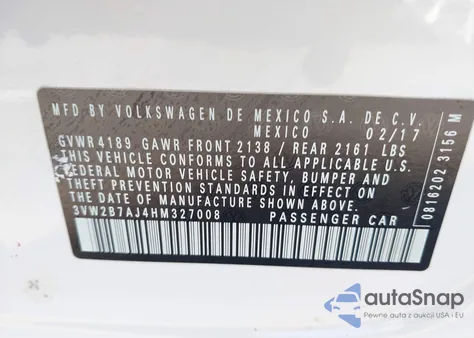 2017 Volkswagen Jetta 1.4T S из США, поврежденный, VIN 3VW2B7AJ4HM327008